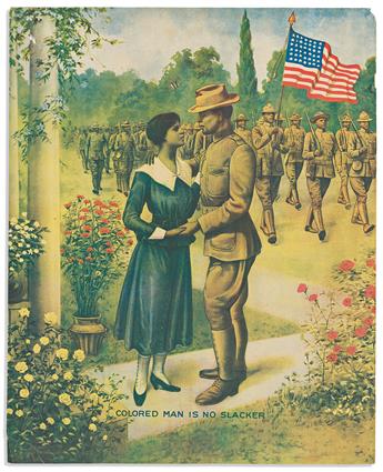 (MILITARY--WORLD WAR ONE.) Group of 6 sentimental patriotic posters depicting Black soldiers.